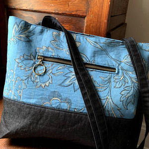 Handcrafted Blue Floral Dark Wash Denim Crossbody Bag